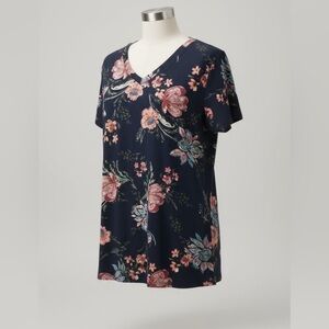 Umgee Black Floral Short Sleeve Blouse | Size L |Boho Chic Tunic Top